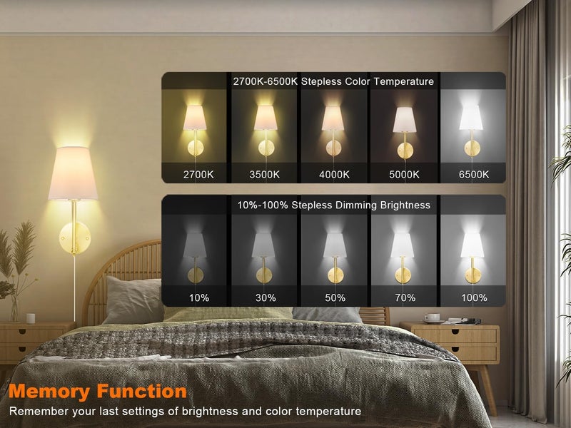 GOODATE Wall Sconces Set of Two with Remote Control, Dimmable, Adjustable Colors 2700-6500K, Plug in Wall Sconces with White Fabric Shades, Plug in Wall Light, Gold - Image 2